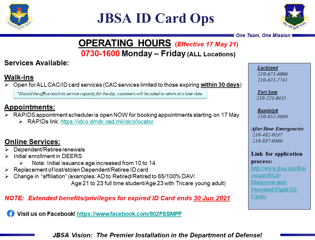 Joint Base San Antonio > Resources > 802d Manpower and Personnel Flight > ID Cards